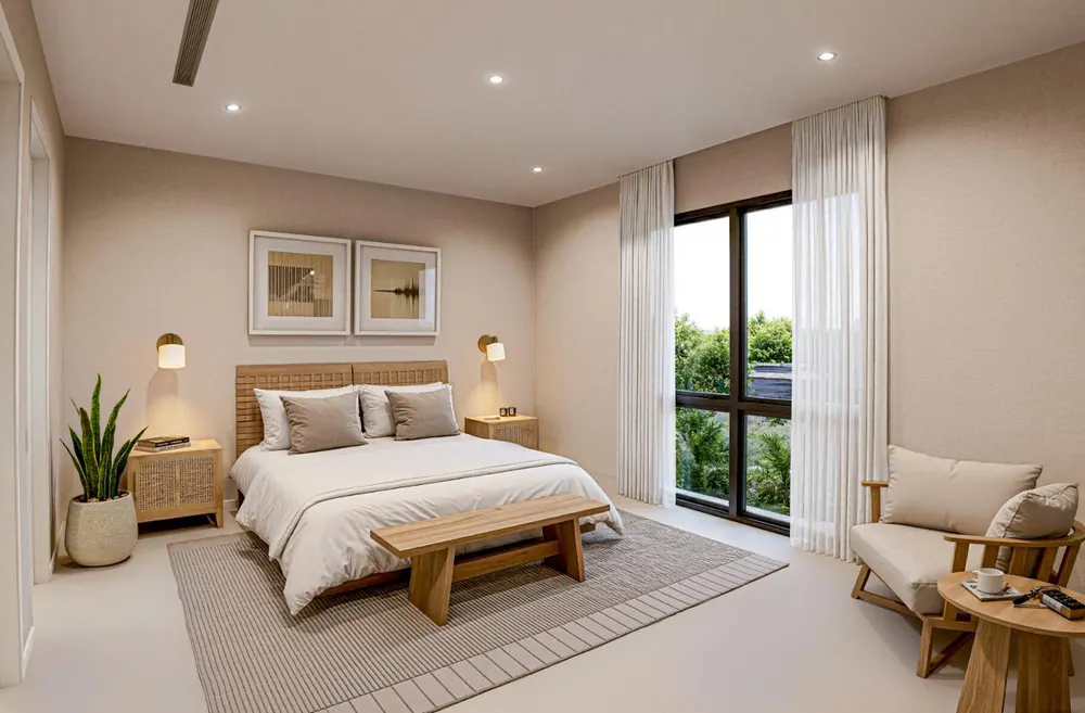Guest bedroom suite with floor-to-ceiling glass and garden views