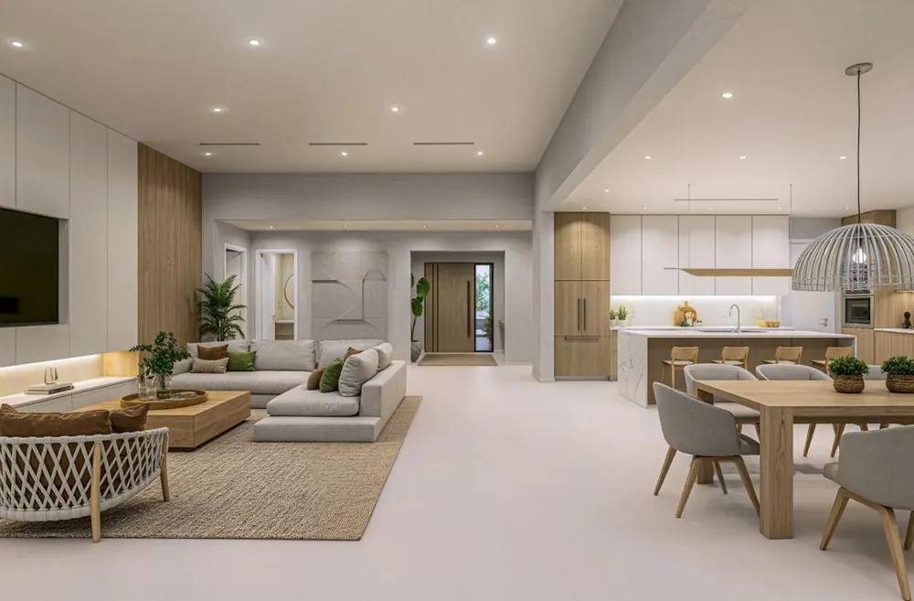 Open-plan great room with living, dining, and a marble-island kitchen