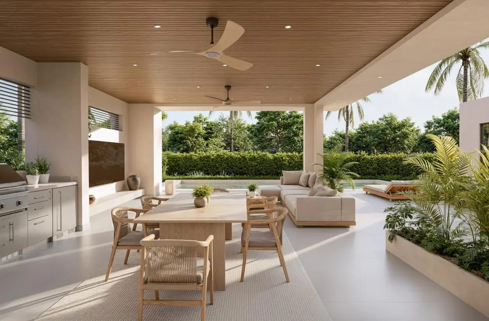 Covered outdoor pavilion with summer kitchen, dining, and pool